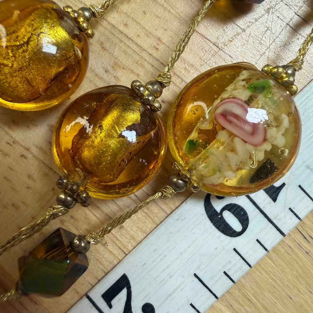 Vintage Bohemian Venetian Lampwork Art Glass Floral Foil Bead Necklace Amber - Picture 8 of 9